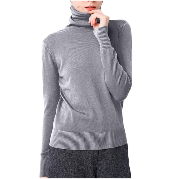 Olyvenn Stylish Work Tops for Women Long Sleeve Turtleneck Underwear Causal Fashion Solid Shirts Comfortable Knitted Cotton Blouses Gray 12-14