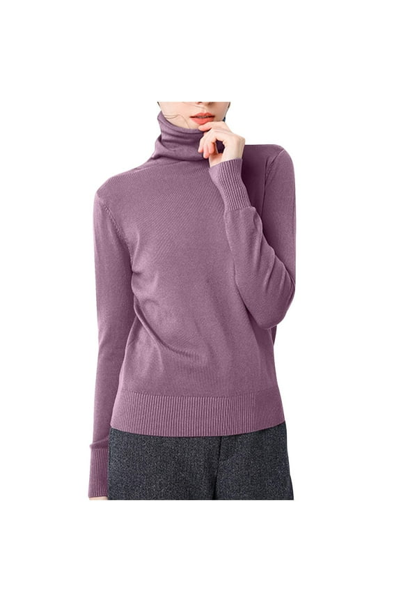 Stylish Work Tops for Women Long Sleeve Turtleneck Underwear Causal Fashion Solid Shirts Comfortable Knitted Cotton Blouses Purple 20-22