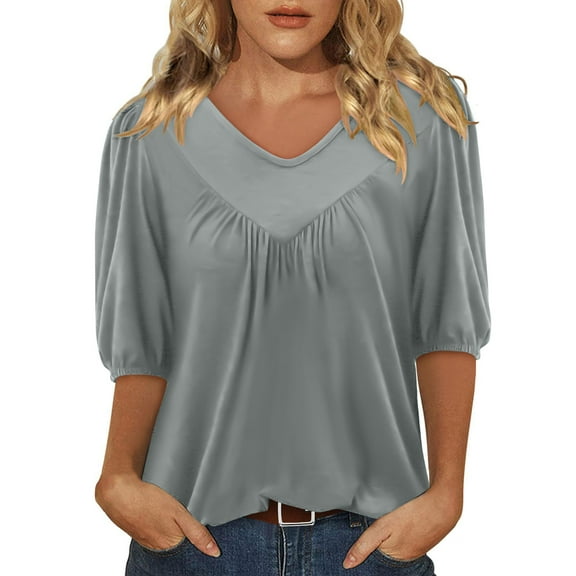 Olyvenn Stylish Workout Dressy T Shirt for Women Puff Half Sleeve Loose Tunic Tops Pleated Front Trendy Solid Color Blouses Top Gray M