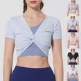 thumbnail image 1 of Olyvenn Stylish Workout Twist Front Crop Top for Women Short Sleeve Slim Fit Athletic Yoga Shirt Breathable Gym Running Sport Shirts Light Blue S, 1 of 4