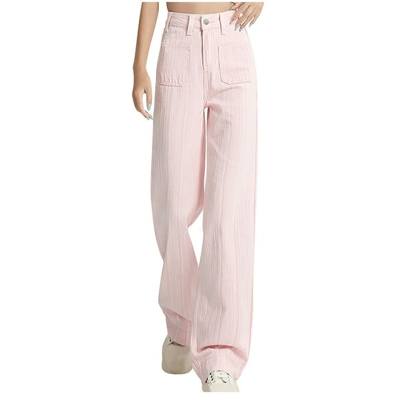 Olyvenn Denim Cargo Pants for Women,High Waisted Straight Leg Stretch Baggy Jeans,Y2k Casual Trendy Denim Pants with Pockets 2025 Pink 4