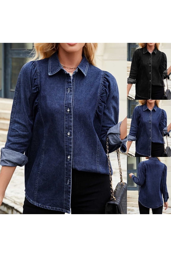 Denim Jackets for Women Casual Collared Long Sleeve Outerwear Trendy Ruched Lightweight Loose Button Down Jean Coat Black S