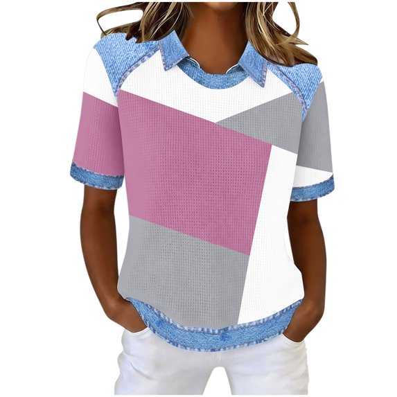 Olyvenn Denim Patchwork Shirt Short Sleeve Women Waffle Knit Lapel Collar Pullover Short Sleeve Casual Shirt Floral Tops Gray XXXL