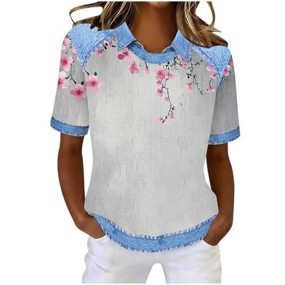 Olyvenn Denim Patchwork Shirt Short Sleeve Women Waffle Knit Lapel Collar Pullover Short Sleeve Casual Shirt Floral Tops Gray XXXL