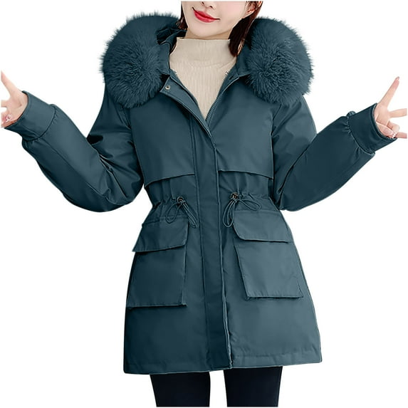 Olyvenn Detachable Quilted Parka Jacket Long Sleeve Women Long Winter Faux Fur Collar Drawstring Waist Puffer Jackets Army Green L