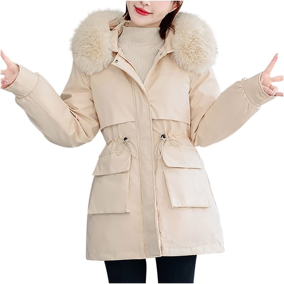 Olyvenn Detachable Quilted Parka Jacket Long Sleeve Women Long Winter Faux Fur Collar Drawstring Waist Puffer Jackets Beige XL
