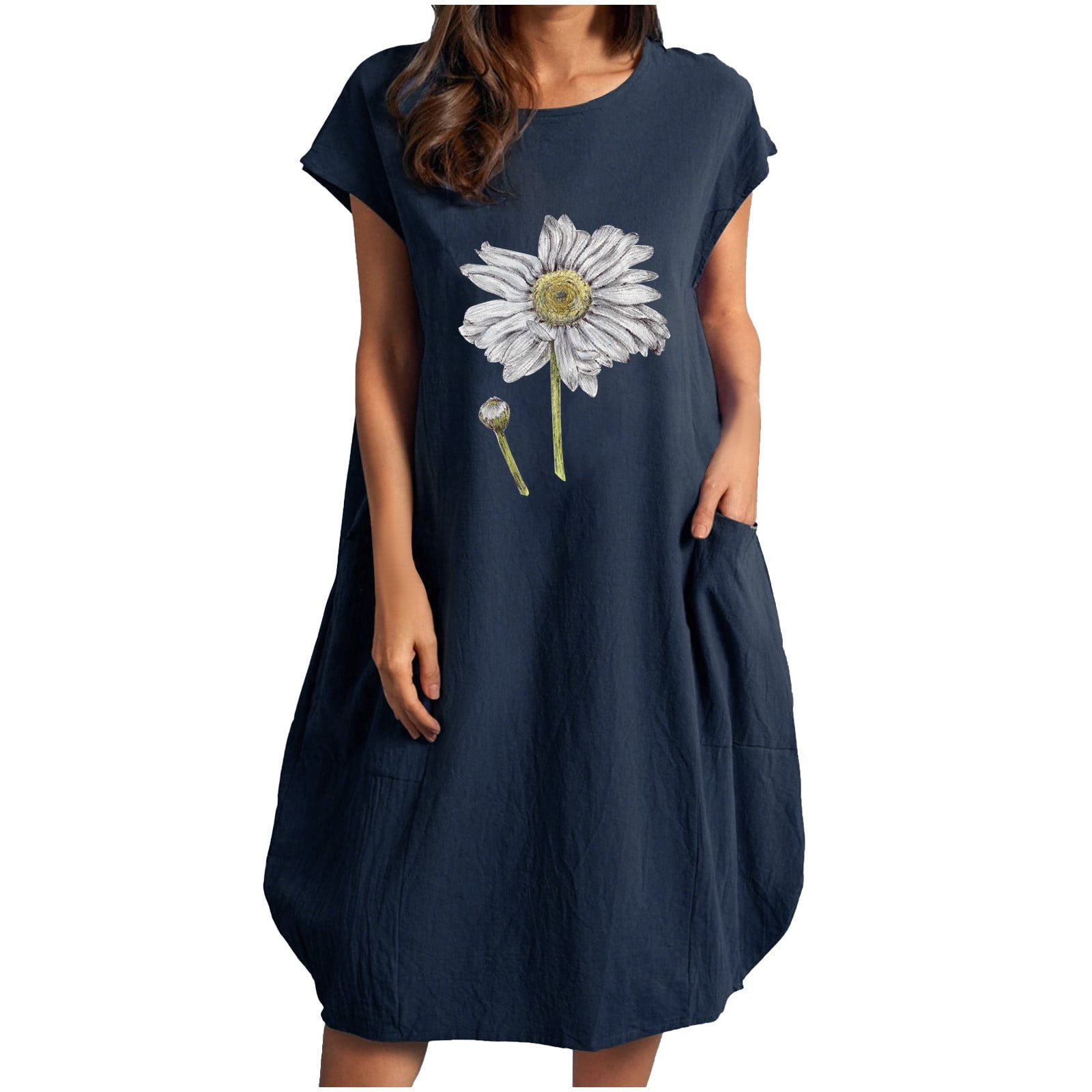 Olyvenn Discount Midi Dresses for Women Double Pocket Floral Daisy Print  Loose Casual Tunic Fashion Ladies Sundress Cotton and Linen Crew Neck Short  ...