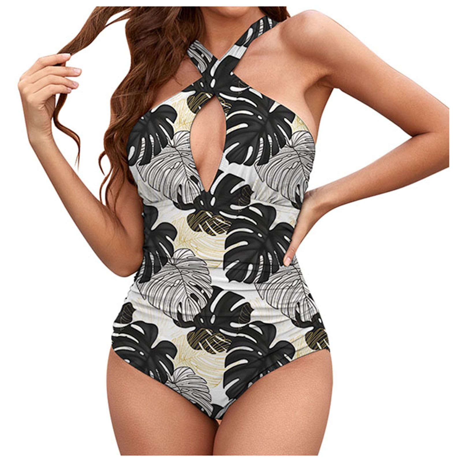 Olyvenn Summer Women's Bikini Swimsuit Summer Beach Outfits for Girls  Hawaiian Tropical Print Beachwear Strappy Halter Bathing Suit Deep V-Neck