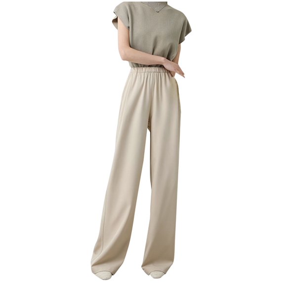 Olyvenn Dress Pants for Women 2025 Spring Trendy Casual Pants Stretch Elastic Waist Pants Loose Fit Wide Leg Trousers Workwear Suit Pants Beige XL