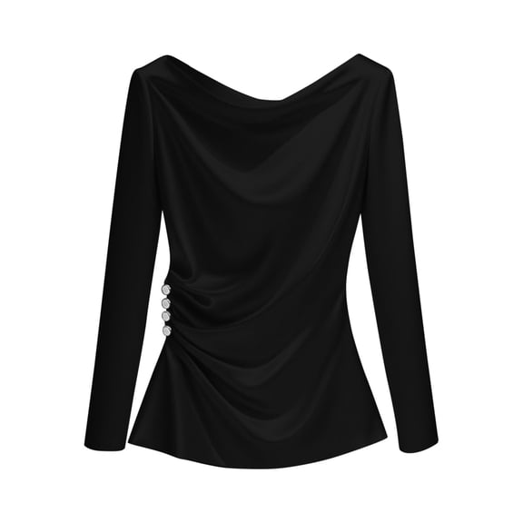 Olyvenn Dressy Cowl Neck Satin Blouse for Women Elegant Ruched Office Shirts Long Sleeve Business Casual Tunic Tops Black XXL