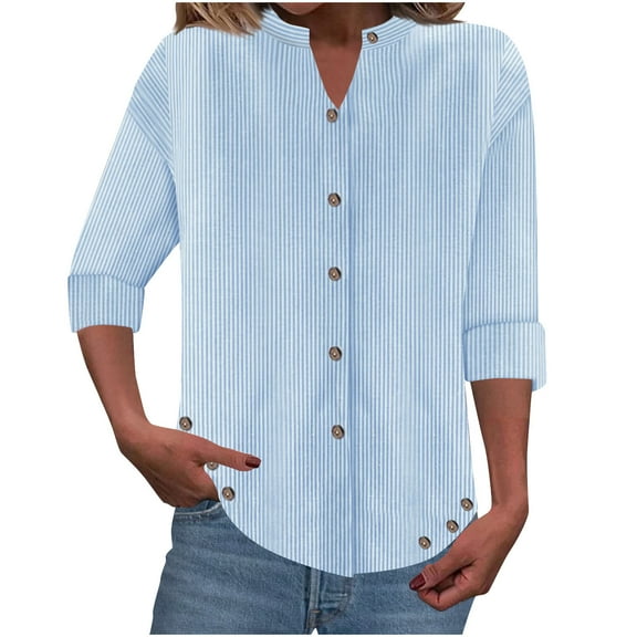 Olyvenn Dressy Striped Blouse for Women Tops 2025 Summer Loose Crewneck Button Down Casual Office Business Tunic Shirts Blue XXL