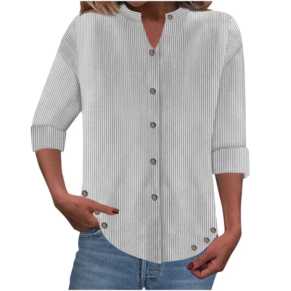 Olyvenn Dressy Striped Blouse for Women Tops 2025 Summer Loose Crewneck Button Down Casual Office Business Tunic Shirts Gray S