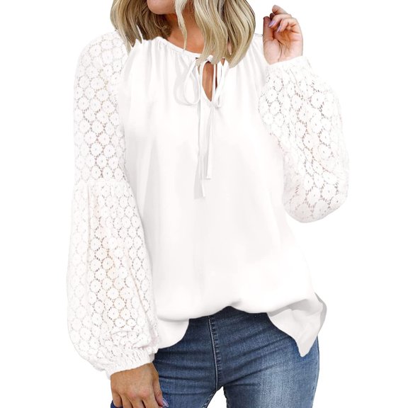 Olyvenn Dressy Tops Gifts for Womens Fall Fashion 2023 Long Sleeve Shirts Tie up Neck Sweatshirts Teen Girls Trendy Clothing Oversized T Shirts Solid Color Pullover White 12