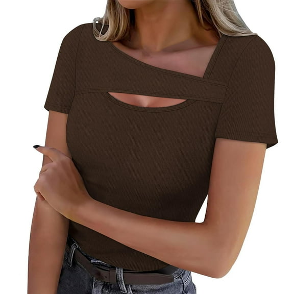 Olyvenn Dressy Tops for Women Solid Color Hollow Out Basic Tees Short Sleeve T-Shirts Casual Tunic Blouses for Workout Brown L