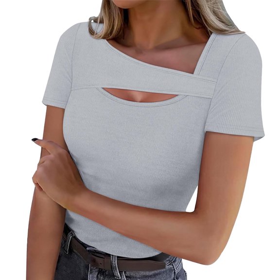 Olyvenn Dressy Tops for Women Solid Color Hollow Out Basic Tees Short Sleeve T-Shirts Casual Tunic Blouses for Workout Gray L