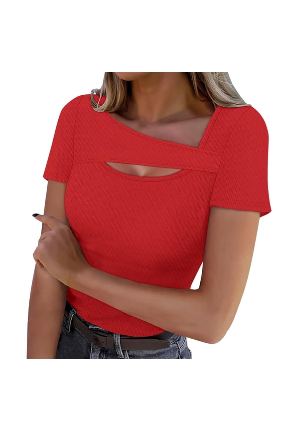Dressy Tops for Women Solid Color Hollow Out Basic Tees Short Sleeve T-Shirts Casual Tunic Blouses for Workout Red S