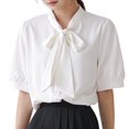 thumbnail image 1 of Olyvenn Elegant Bow Patchwork Shirt Tops V Neck Short Sleeve Solid Color Loose Blouse Sweet Fashion Women Clothing White M, 1 of 4