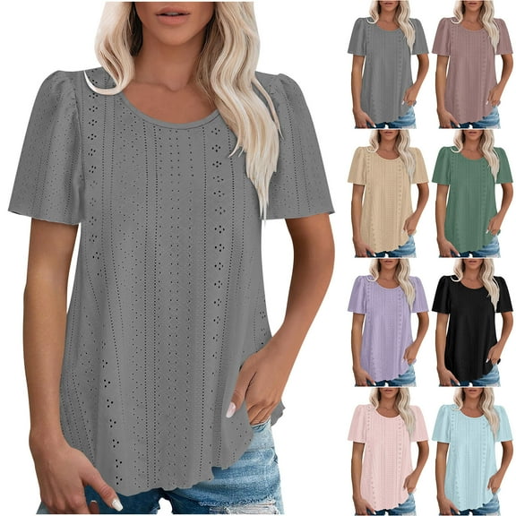 Olyvenn Eyelet Shirts Tops for Women Round Neck Short Sleeve Blouse Breathable Loose Fit Comfortablt Casual Summer T-Shirt Black XXXL