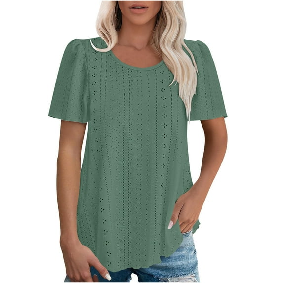 Olyvenn Eyelet Shirts Tops for Women Round Neck Short Sleeve Blouse Breathable Loose Fit Comfortablt Casual Summer T-Shirt Green XL