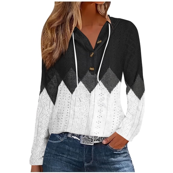 Olyvenn Eyelet Sweatshirt Hoodies for Women Casual Long Sleeve Color Block Hoodie Drawstring Button V Neck Pullover Sweatshirt Tops Black S