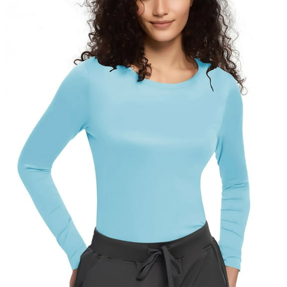 Olyvenn Fall Basic Tops for Women Long Sleeve Scoop Neck Thermal Slim Fit Tight Cute T Shirts Classic Fit Blouse Light Blue S