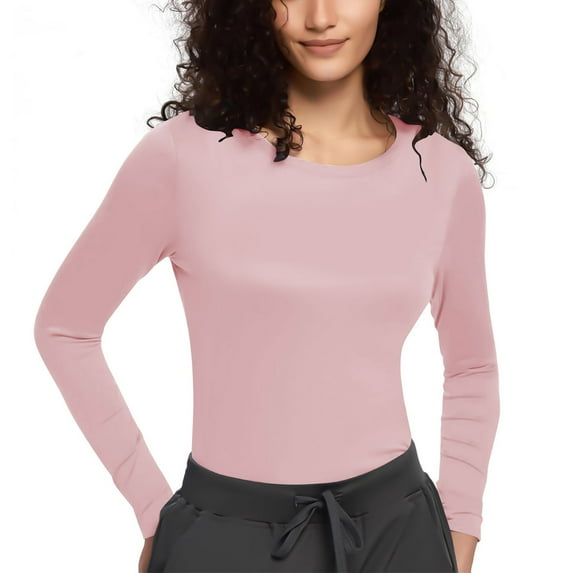 Olyvenn Fall Basic Tops for Women Long Sleeve Scoop Neck Thermal Slim Fit Tight Cute T Shirts Classic Fit Blouse Pink XXXL