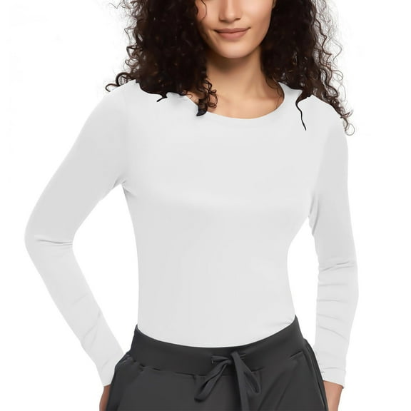 Olyvenn Fall Basic Tops for Women Long Sleeve Scoop Neck Thermal Slim Fit Tight Cute T Shirts Classic Fit Blouse White XL