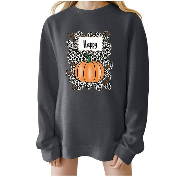 Olyvenn Fall Happy Sweatshirt Funny Thanksgiving Quotes Shirt Women Pumpkin Leopard Letter Printed Crewneck Pullovers Gray L