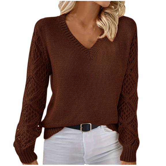 Olyvenn Fall Winter Sweaters for Women Trendy Knitted V Neck Long Sleeve Pullover Casual Solid Color Hollow Out Jumper Tops Coffee M