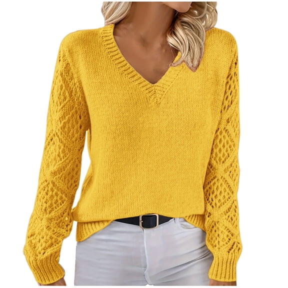 Olyvenn Fall Winter Sweaters for Women Trendy Knitted V Neck Long Sleeve Pullover Casual Solid Color Hollow Out Jumper Tops Gold XL