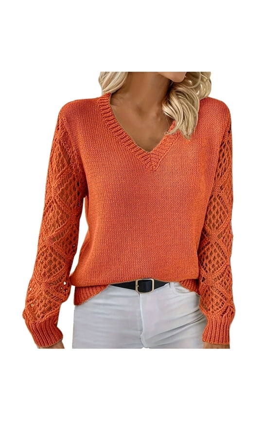 Fall Winter Sweaters for Women Trendy Knitted V Neck Long Sleeve Pullover Casual Solid Color Hollow Out Jumper Tops Orange S