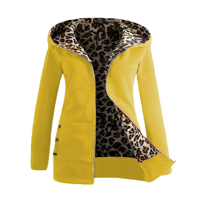 Olyvenn Fashion 2023 Trendy Womens Warm Faux Coat Jacket Winter Leopard  Long Sleeve Outerwear Cold Weather Thicken Furry Lined Thermal Down Jackets  Yellow 8 