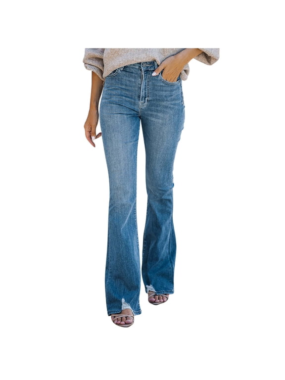 Fashion Ladys High Waisted Lacing Loose And Comfortable Stretch Wide Leg Straight Pants 2023 Outdoor Leggings Full Length Pants Jeans for Women Stylish Blue 12