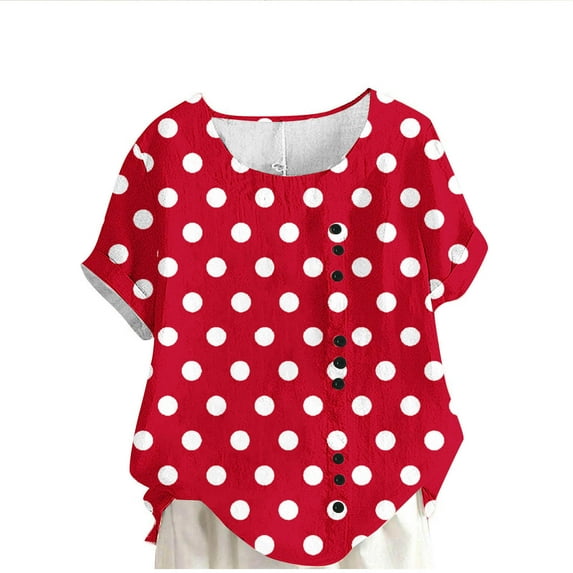 Olyvenn Fashion Polka Dot Pattern Short Sleeves Basic Summer T-shirts Round Neck Loose Crop Tops Beach Vacation Outfits for Women Red XL