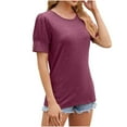 thumbnail image 1 of Olyvenn Fashion Short Sleeve Shirts for Women Fashion Solid Color Crew Neck T-Shirts Buttons Puff Sleeve Blouse Shirt Tops Casual Comfy Tops Wine 6, 1 of 4