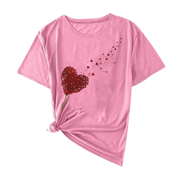 Olyvenn Fashion Women Casual Heart Print Short Sleeve Round-Neck Tee Comfortable Stylish Blouses Casual Everyday Wear Suitable for Home Clothing Pink M