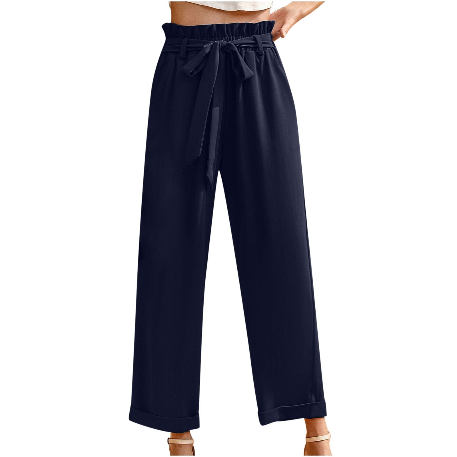 Olyvenn Fashion Women Plus Size Drawstring Summer Casual Solid Elastic  Waist Full Length Long Pants Pocket Loose Pants Female Fashion Black 8