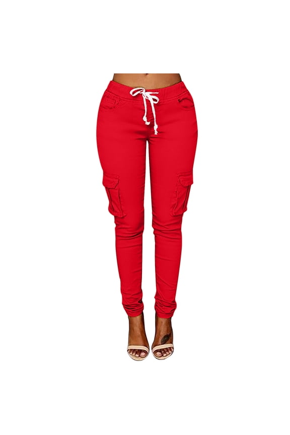 Fashion Women Plus Size Drawstring Summer Casual Solid Elastic Waist Full Length Long Pants Pocket Loose Pants Female Fashion Red 14