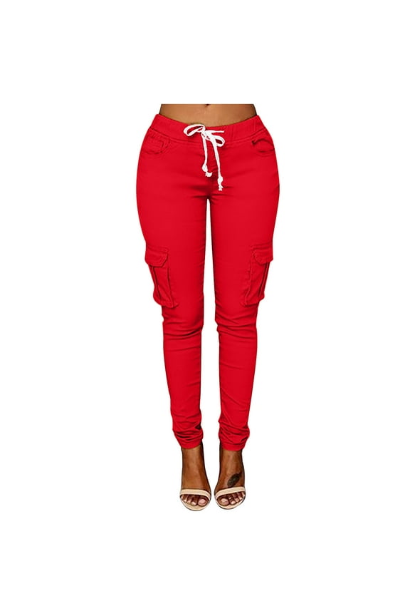 Fashion Women Plus Size Drawstring Summer Casual Solid Elastic Waist Full Length Long Pants Pocket Loose Pants Female Fashion Red 4