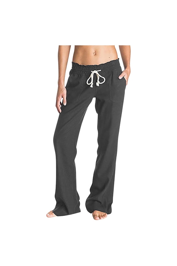 Fashion Women Summer Daily Casual Loose Cotton And Linen Pocket Solid Trousers Pants Gifts for Women Trousers 2023 Female Fashion Dark Gray 6
