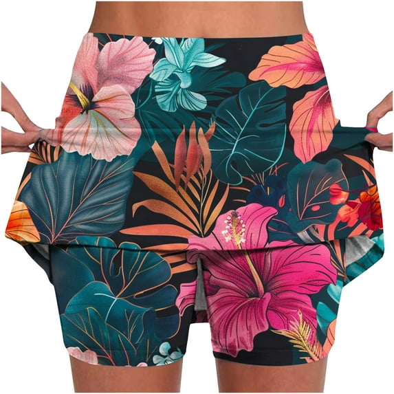 Olyvenn Fashion for way less Women's Athletic Skort Floral Print High Waist Pleated A-Line Shorts with Pockets for Golf Tennis Running Navy 10