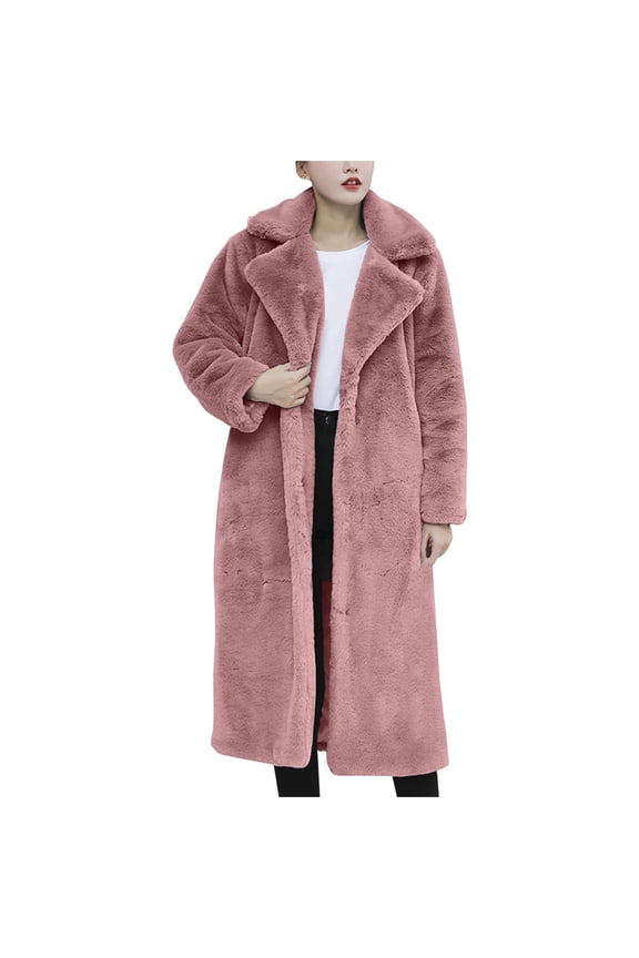 Fashion for way less Women's Winter Long Bear Fluffy Oversized Faux Fur Warm Fuzzy Notch Lapel Pockets Outerwear Coat Pink 6