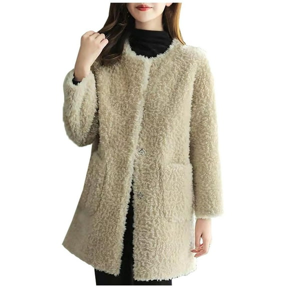 Olyvenn Faux Fur Coat for Women 2025 Winter Warm Open Front Jacket Cardigan Fashion Button Overcoat Casual Outerwear Beige L