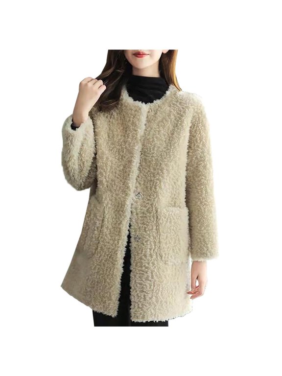 Faux Fur Coat for Women 2025 Winter Warm Open Front Jacket Cardigan Fashion Button Overcoat Casual Outerwear Beige M