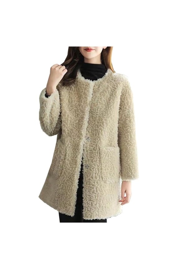Faux Fur Coat for Women 2025 Winter Warm Open Front Jacket Cardigan Fashion Button Overcoat Casual Outerwear Beige XXL