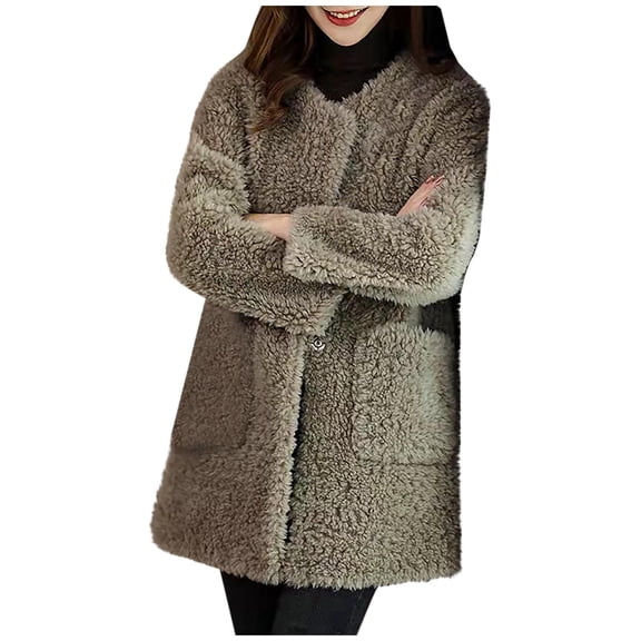 Olyvenn Faux Fur Coat for Women 2025 Winter Warm Open Front Jacket Cardigan Fashion Button Overcoat Casual Outerwear Gray L