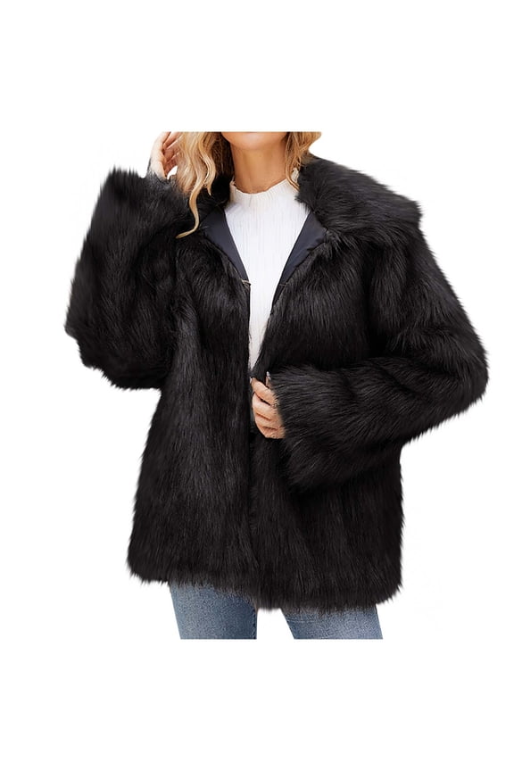 Faux Fur Coats for Women 2025 Long Sleeve Trendy Winter Collared Jackets Ladies Warm Faux Furry Coat Jacket Black XXL