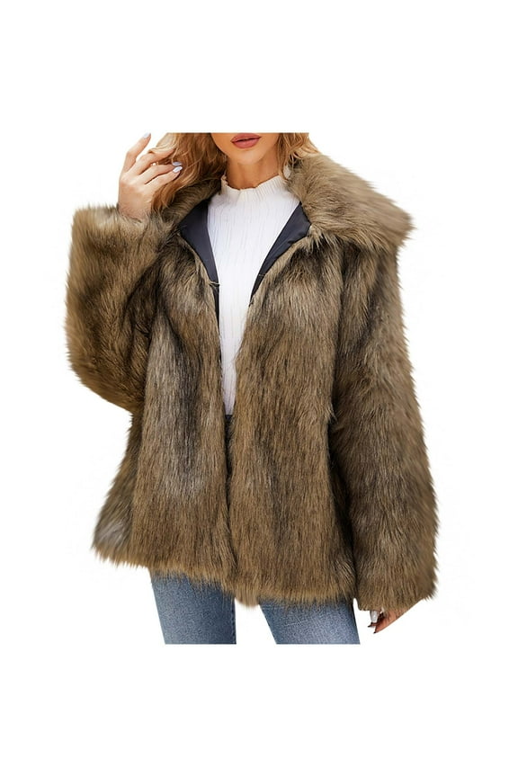 Faux Fur Coats for Women 2025 Long Sleeve Trendy Winter Collared Jackets Ladies Warm Faux Furry Coat Jacket Brown XS