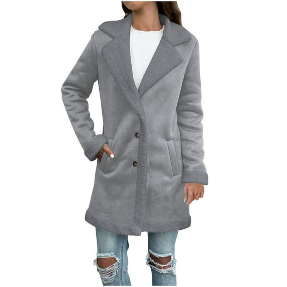 Olyvenn Faux Fur Coats for Women Long Lapel Lined Fleece Sherpa Jacket Winter Outerwear Open Front Teddy Overcoat with Pocket Gray M
