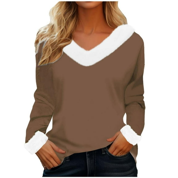Olyvenn Faux Fur Trim V Neck Fashion Sweatshirts for Women Solid Loose Xmas Long Sleeve Pullover Holiday Tops Tunic Blouses Brown 12